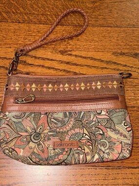 Sakroots Brown Floral Canvas Wristlet with Pink & Cream Accents